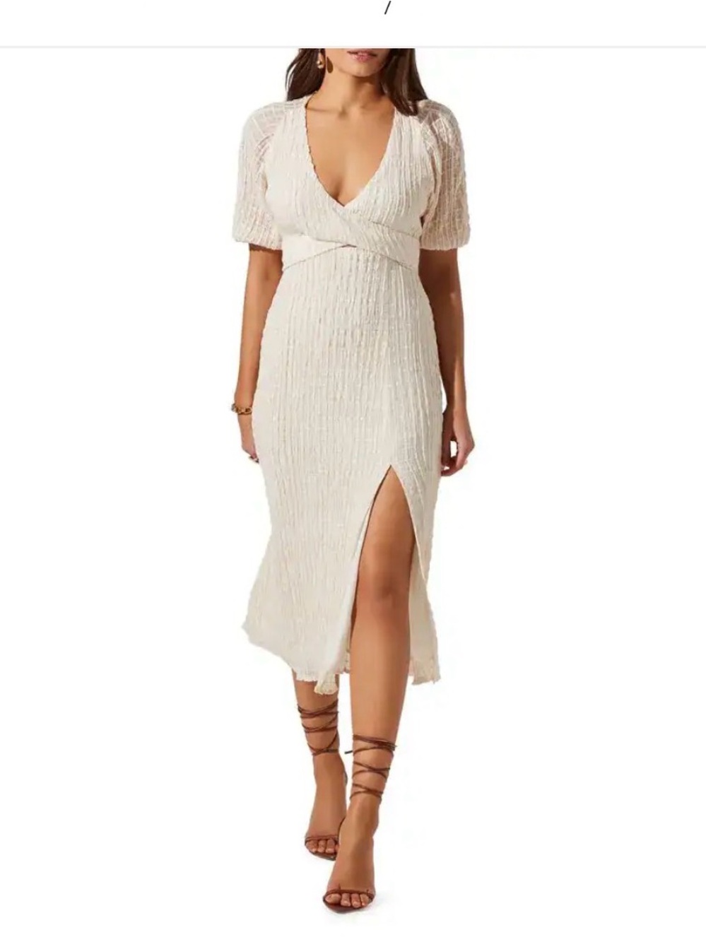 ASTR the Label Crepe V-Neck Midi Dress with Front Slit XS Cream